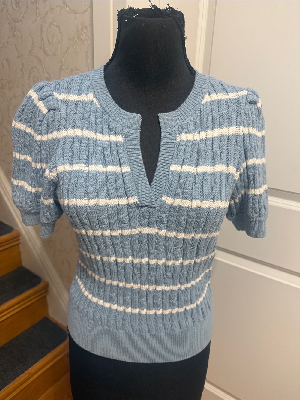 Express- Blue & White Striped Short-Sleeve Knit Sweater. Size M